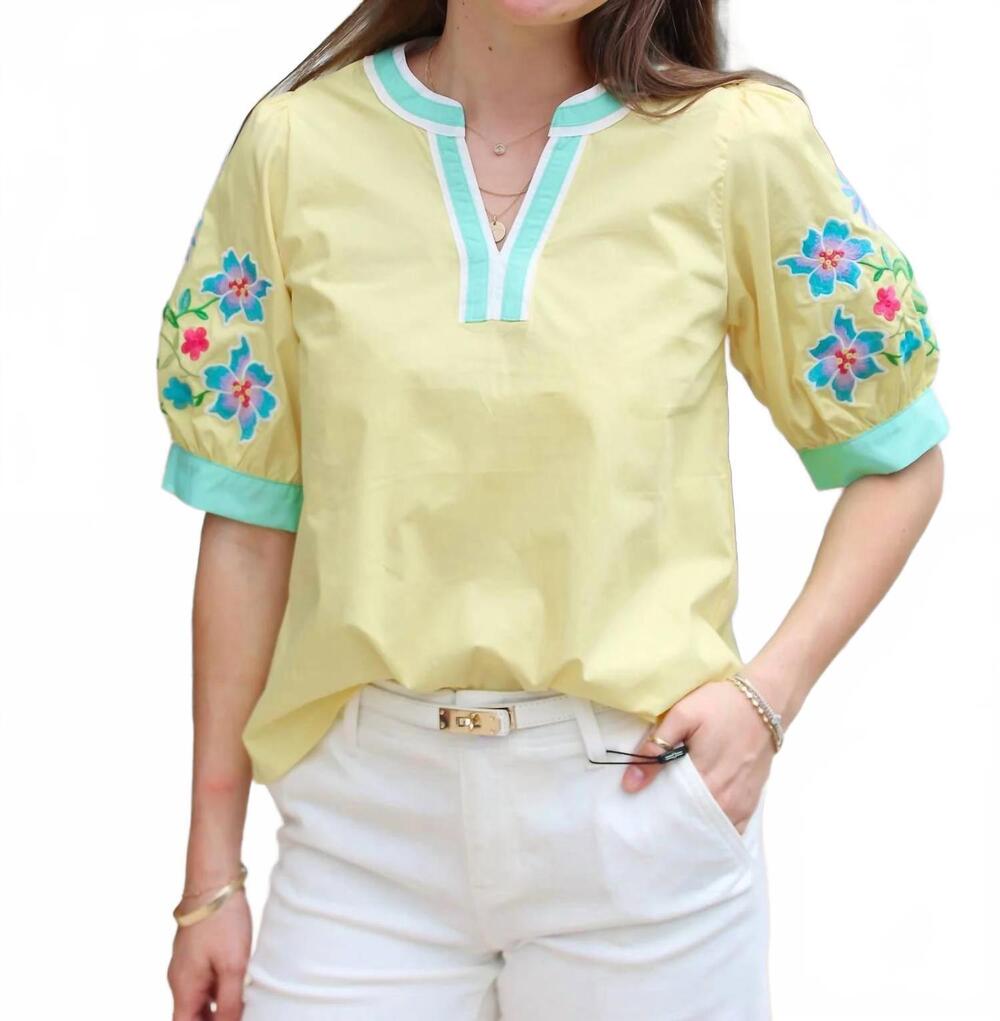 NEW JODIFL embroidered sleeve v-neck top in yellow